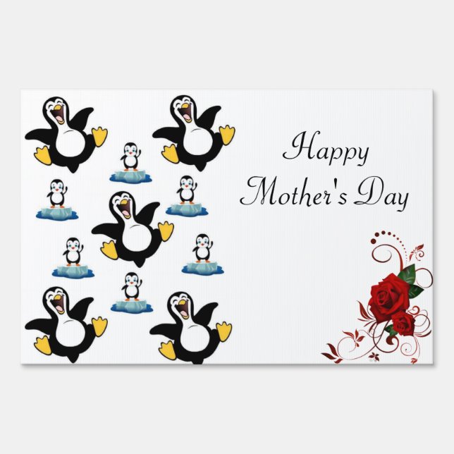 Happy Mother's Day Yard Sign Red Rose Penguin (Front)