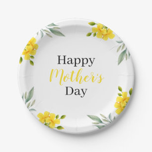 Happy Mother's Day Yellow Floral and Leaves Party Paper Plates