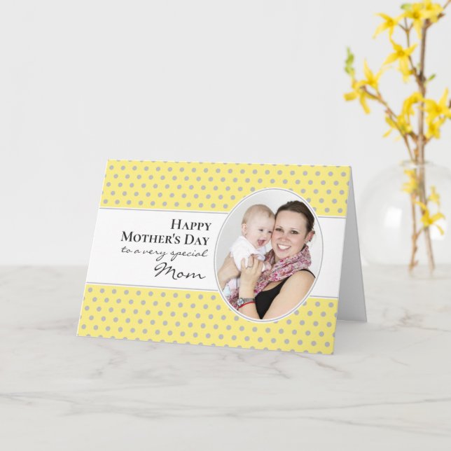 Happy Mothers Day Yellow Gray Polka Dot Photo Card (Yellow Flower)