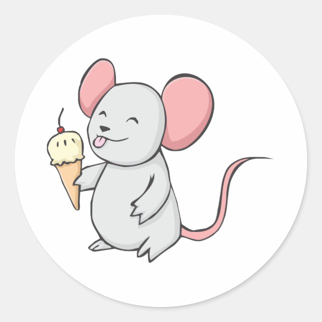 Happy Mouse Eating Ice Cream Classic Round Sticker (Front)