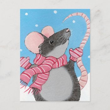 Happy Mouse In Snow Festive Postcard by LisaMarieArt at Zazzle