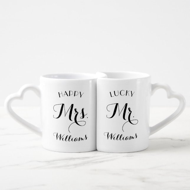 Happy Mrs. Lucky Mr. Wedding Engagement Gift Coffee Mug Set (Front Nesting)