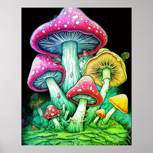 Happy Mushrooms On a Black Background on a Wall Po Poster