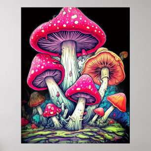 Happy Mushrooms On a Black Background on a Wall Poster