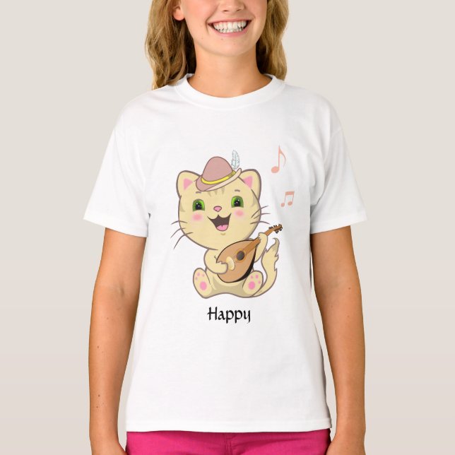Happy Musical Ginger Tabby Kitty Cat T-Shirt (Front)