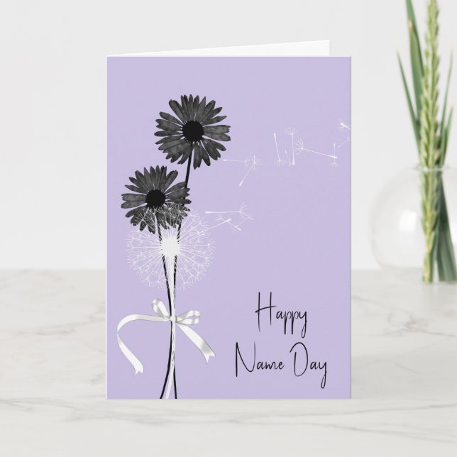 Happy Name Day Black Daisies and Dandelion Card (Front)
