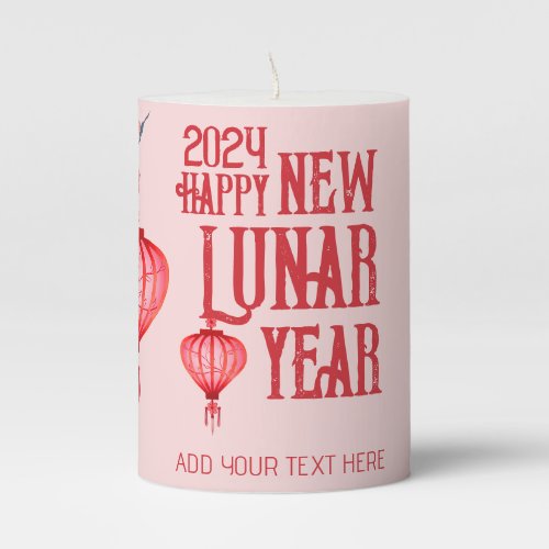 Happy New Chinese Year Red Lanterns Blossom Trees Pillar Candle