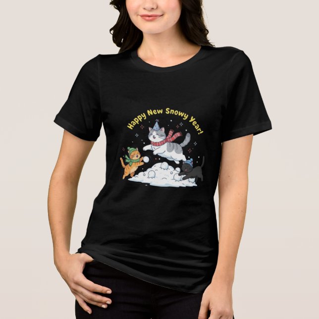 Happy New Snowy Year 2026 Cute Cats Winter Tri-Blend Shirt (Front)