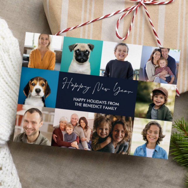 HAPPY NEW YEAR 10 PHOTOS BLUE  HOLIDAY CARD (10 photo new year card digital download calligraphy elegant script)