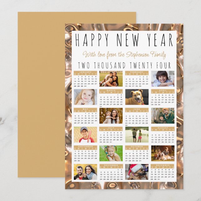 Happy New Year 12 Photos 2024 Calendar Gold Holiday Card (Front/Back)