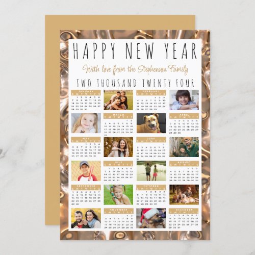 Happy New Year 12 Photos 2024 Calendar Gold Holiday Card