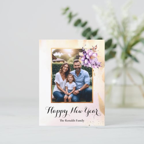 Happy New Year 1 Photo Floral Watercolor Postcard