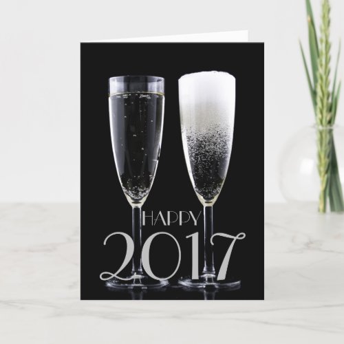 Happy New Year 2017 Black White Champagne Flute Holiday Card