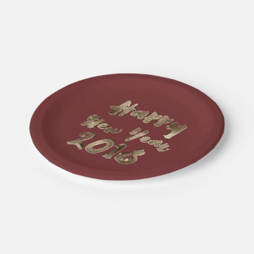 Happy New Year 2018 Burgundy Red Gold Typography Paper Plates