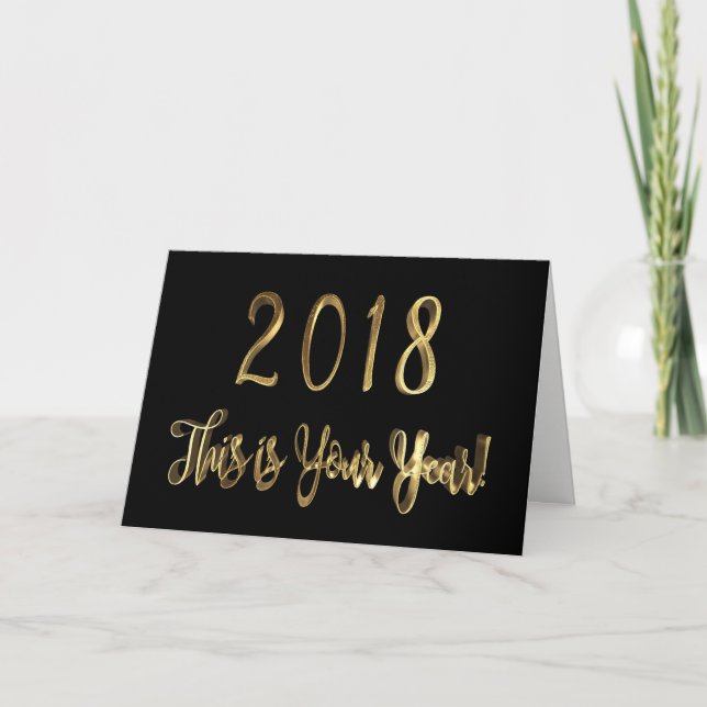Happy New Year 2018 Motivational Quote Black Gold Holiday Card (Front)