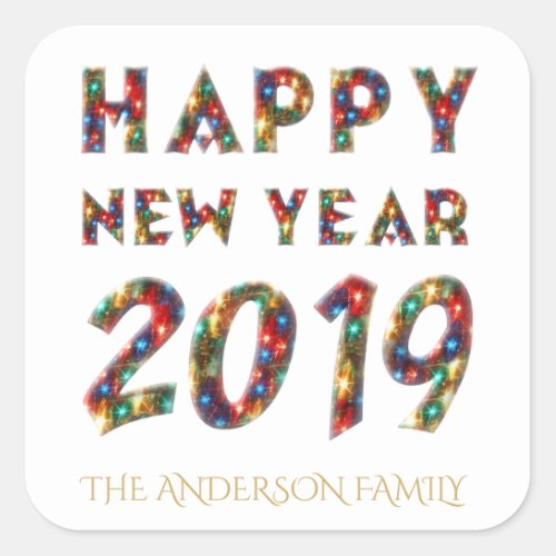 Happy New Year 2019 Add Name Fireworks Typography Square Sticker