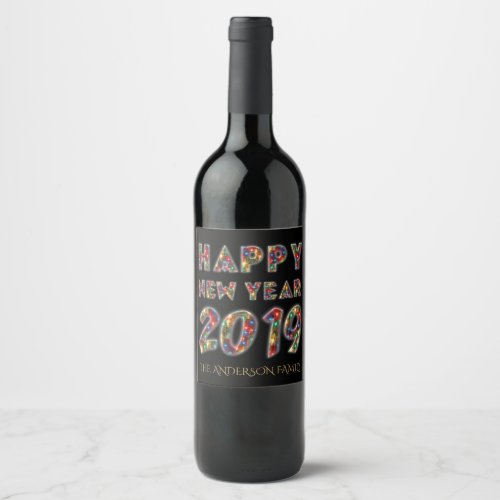 Happy New Year 2019 Colorful Bonfire Typography Wine Label