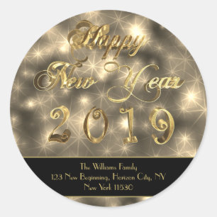 Happy New Year 2019 Elegant Black and Gold Stars Classic Round Sticker