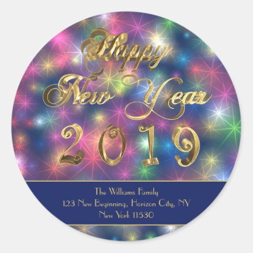 Happy New Year 2019 Fireworks Stars Gold Script Classic Round Sticker
