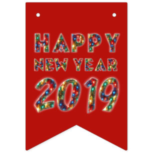 Happy New Year 2019 Party Fireworks Typography Red Bunting Flags