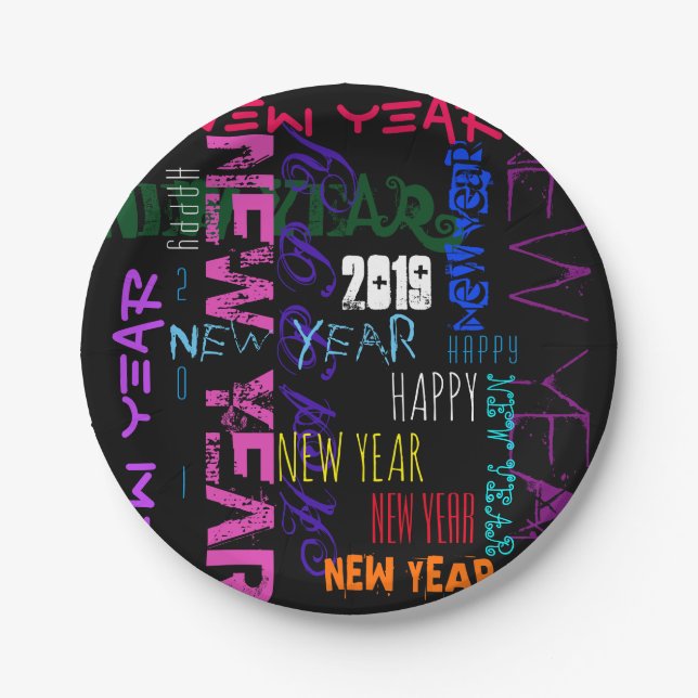 Happy New Year 2019 Pop Colors Paper Plate (Front)