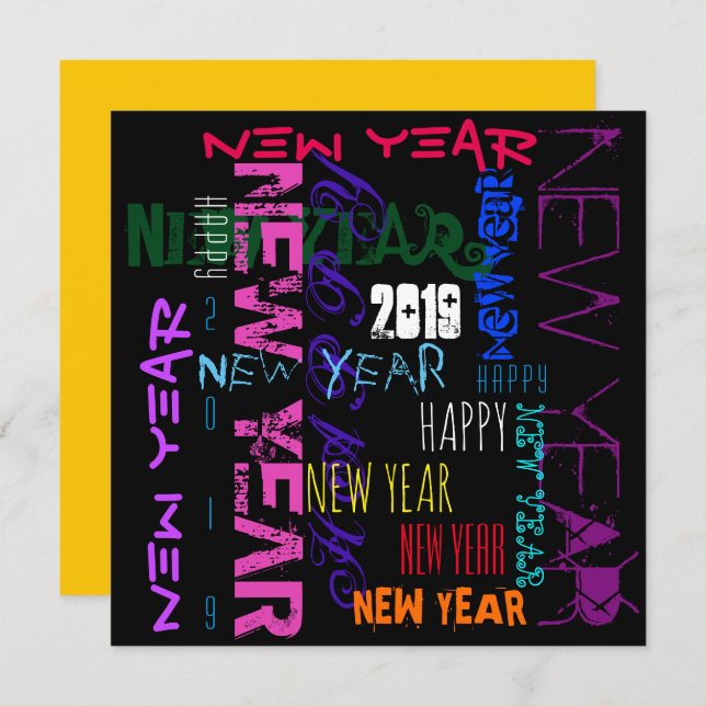 Happy New Year 2019 Pop Colors Square Flat Card (Front/Back)
