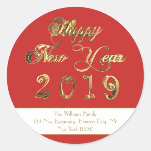 Happy New Year 2019 Red and White Gold Script Classic Round Sticker