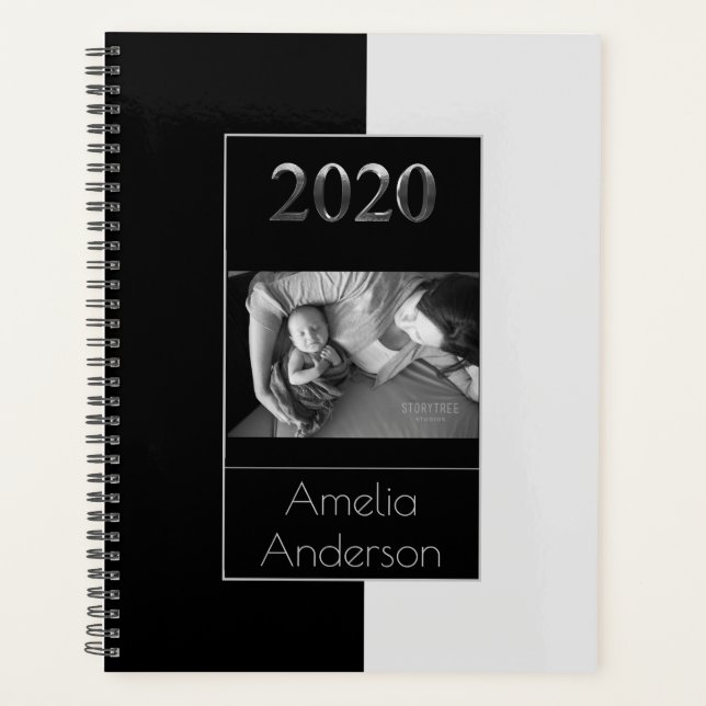 Happy New Year 2020 Black and Silver Gray Elegant Planner (Front)