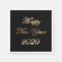Happy New Year 2020 Elegant Script Black and Gold Napkin
