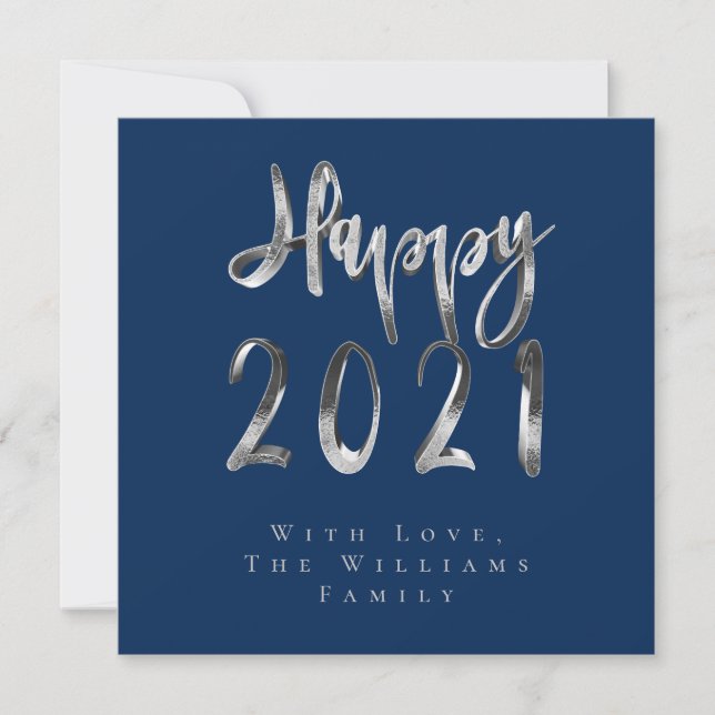 Happy New Year 2021 Chic Blue Silver Gray Script Holiday Card (Front)