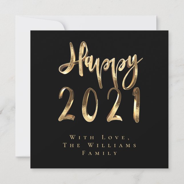Happy New Year 2021 Elegant Black and Gold Script Holiday Card (Front)