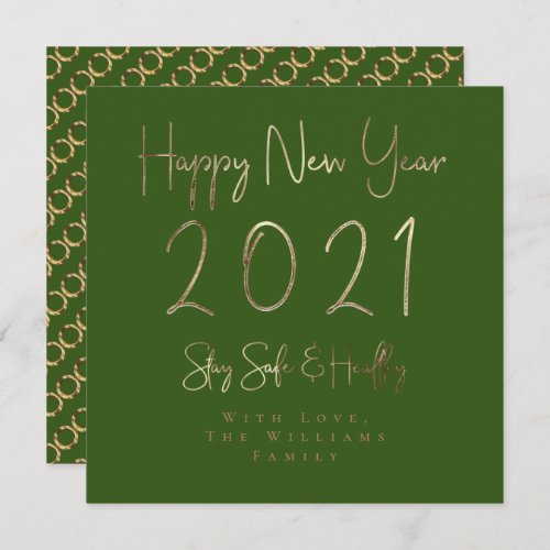 Happy New Year 2021 Elegant Gold Script Green Holiday Card