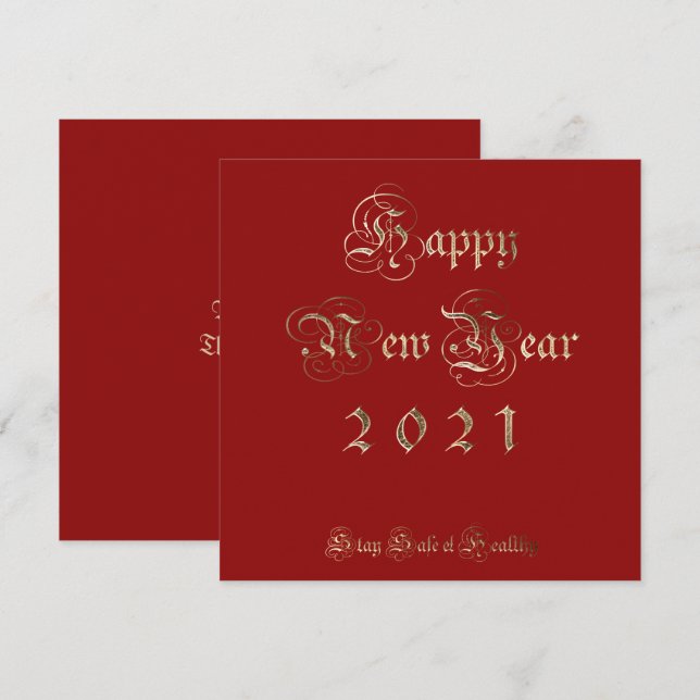 Happy New Year 2021 Elegant Red and Gold Script Holiday Card (Front/Back)