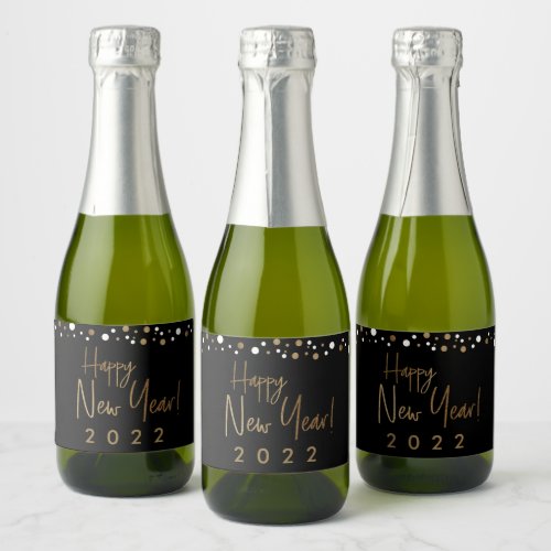 Happy New Year 2022 Black Gold White Confetti  Sparkling Wine Label