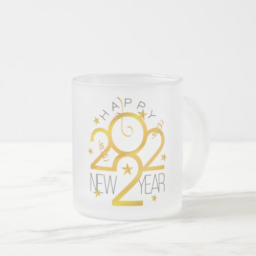 Happy New Year 2022 Design with Gold Star Frosted Glass Coffee Mug