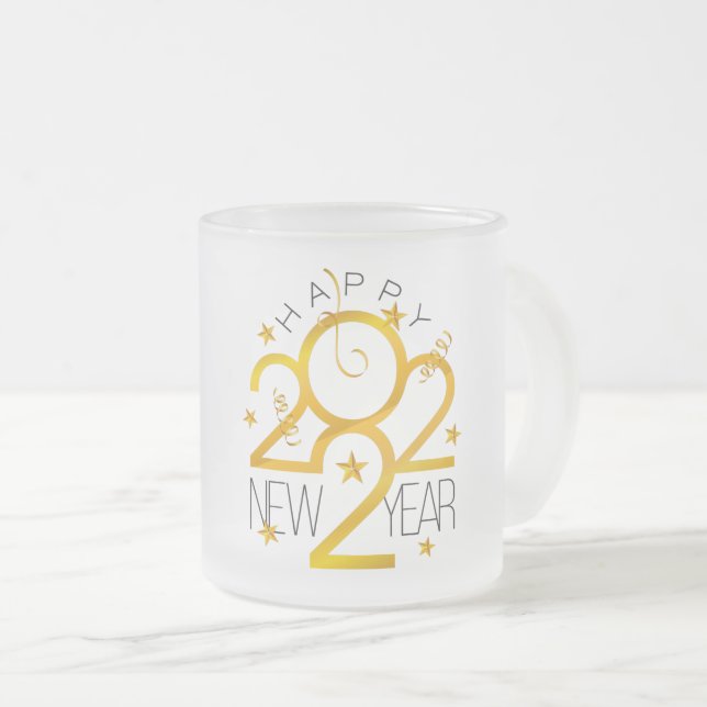 Happy New Year 2022 Design with Gold Star Frosted Glass Coffee Mug (Front Right)