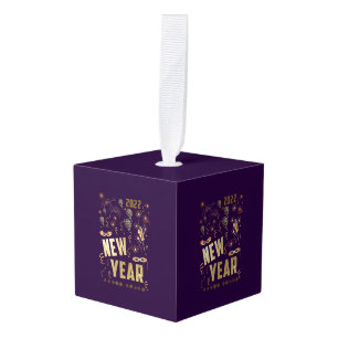 Happy New Year 2022, festive glitter gold holiday Cube Ornament