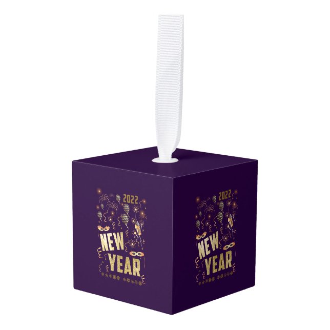 Happy New Year 2022, festive glitter gold holiday Cube Ornament (Front Angled)