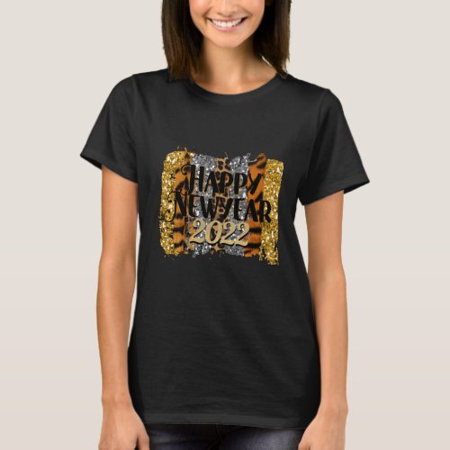 Happy New Year 2022 Glitter Gold and Leopard Print T_Shirt