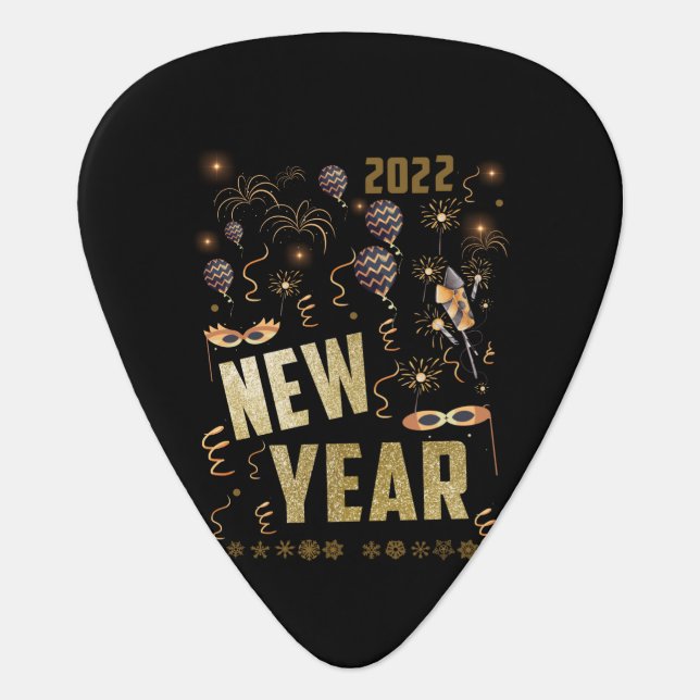 Happy New Year 2022, Holiday Gold Glitter Festive Guitar Pick (Front)