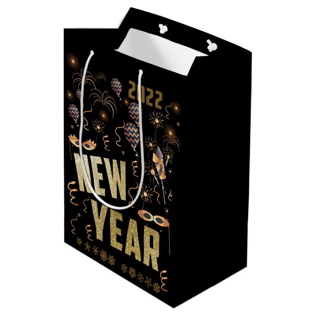 Happy New Year 2022, Holiday Gold Glitter Festive Medium Gift Bag (Back Angled)