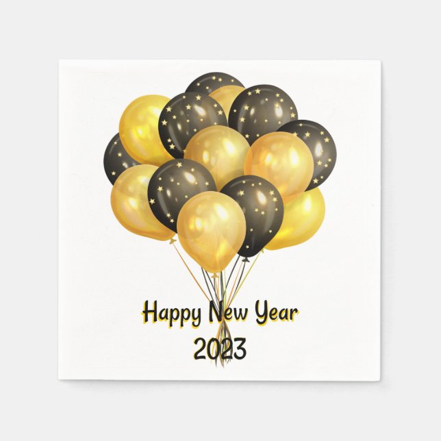 Happy New Year 2023 Black and Gold Balloons Napkins (Front)