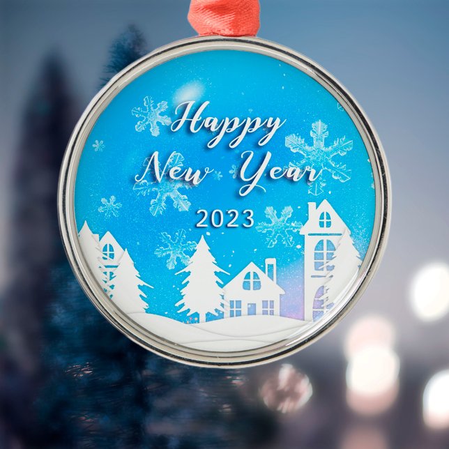 Happy New Year 2023 Blue White House Snow  Metal Ornament (Creator Uploaded)