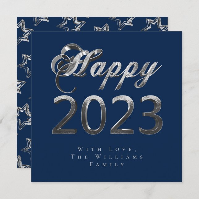 Happy New Year 2023 Chic Blue Silver Gray Script Holiday Card (Front/Back)