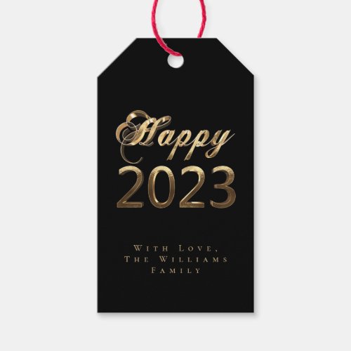 Happy New Year 2023 Chic Script Black and Gold Gift Tags