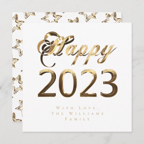 Happy New Year 2023 Chic Script Gold and White Holiday Card