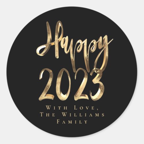 Happy New Year 2023 Elegant Black and Gold Script Classic Round Sticker
