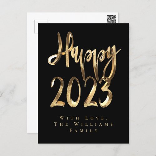 Happy New Year 2023 Elegant Black and Gold Script Holiday Postcard