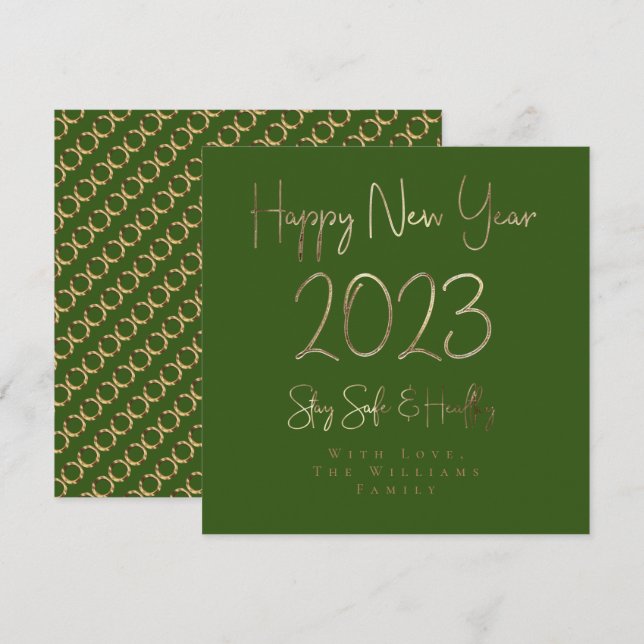 Happy New Year 2023 Elegant Gold Script Green Holiday Card (Front/Back)