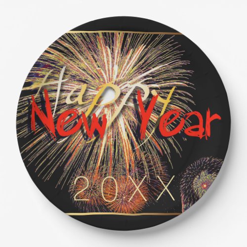 Happy New Year 2023 Fireworks in red Paper Plate